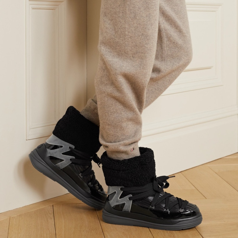 Moncler Insolux M rubber-trimmed fleece, shell and patent-leather snow boots